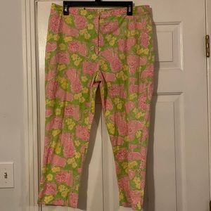 Lilly Pulitzer capri pants with green, yellow, and pink pattern in size 16